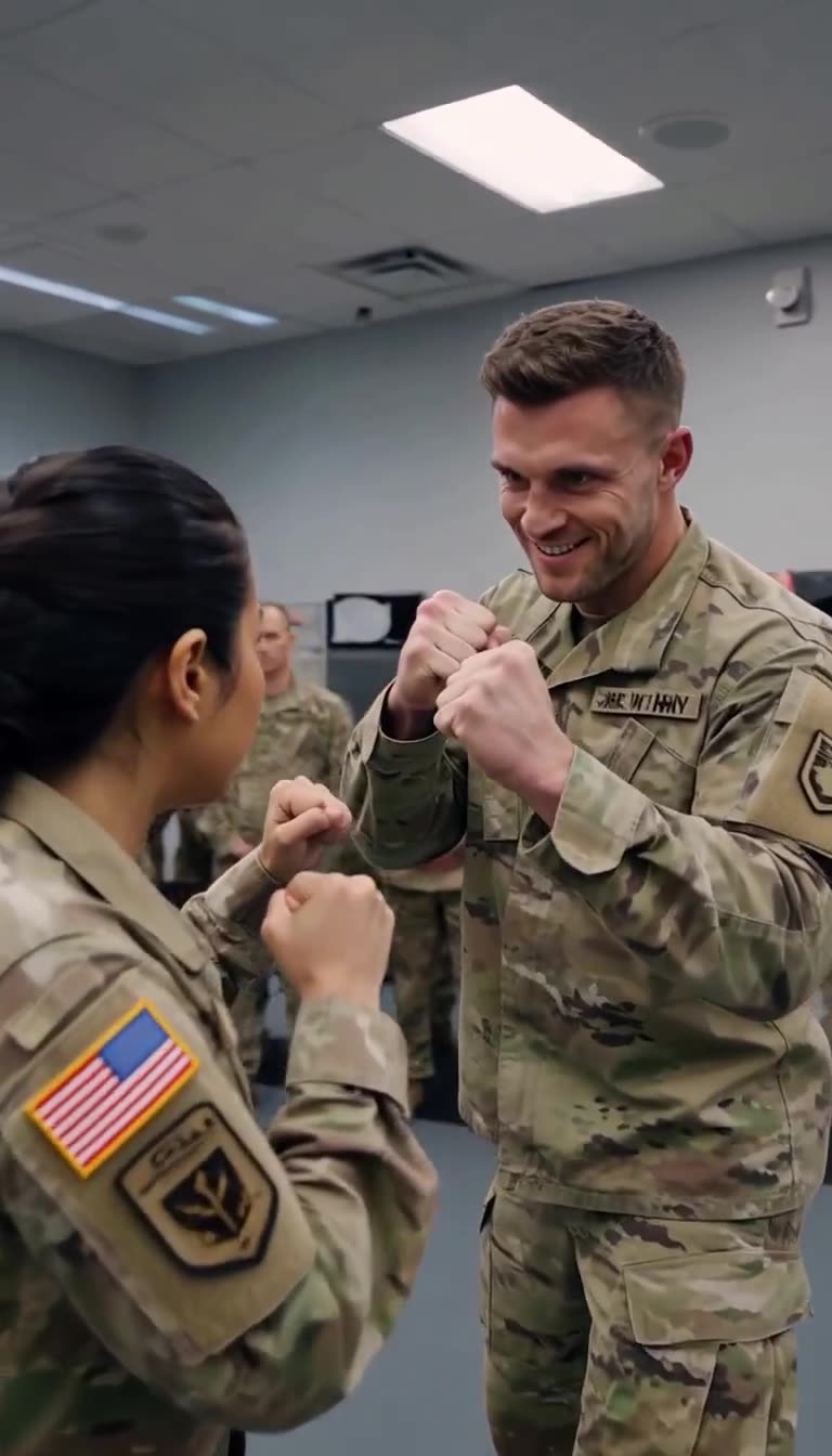 Mark smirks with fists up opposite calm Officer Maya in close stance