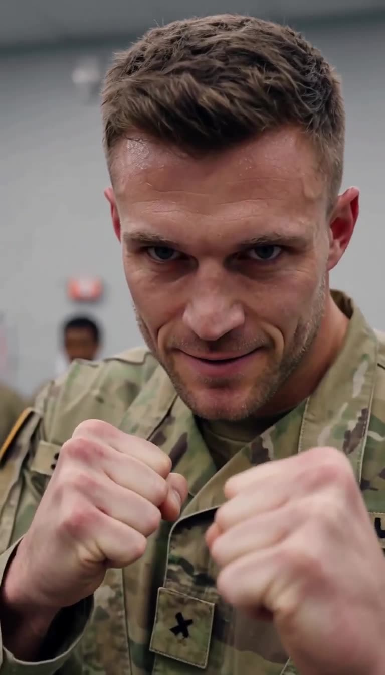 Close-up of Mark's intense focused stare with fists raised to fight