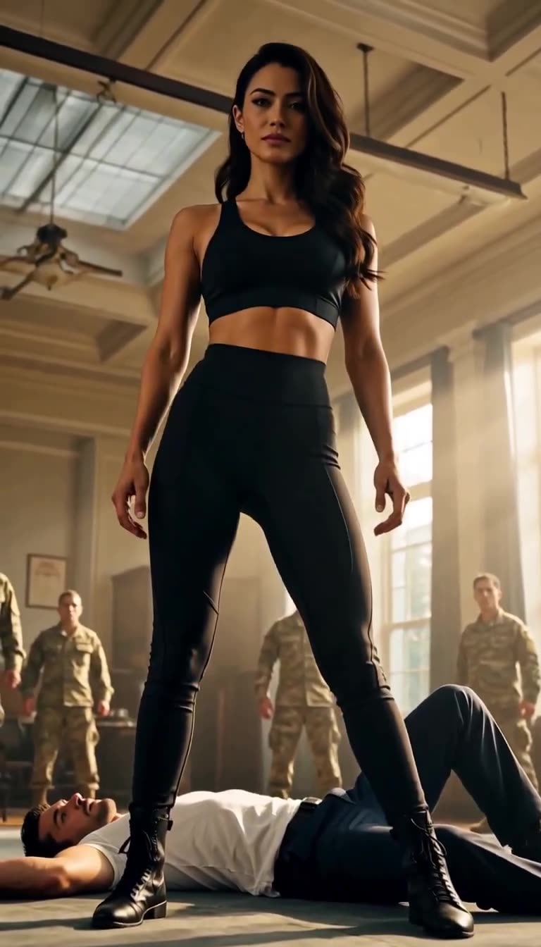 Maya standing dominant over Mark lying defeated on the floor