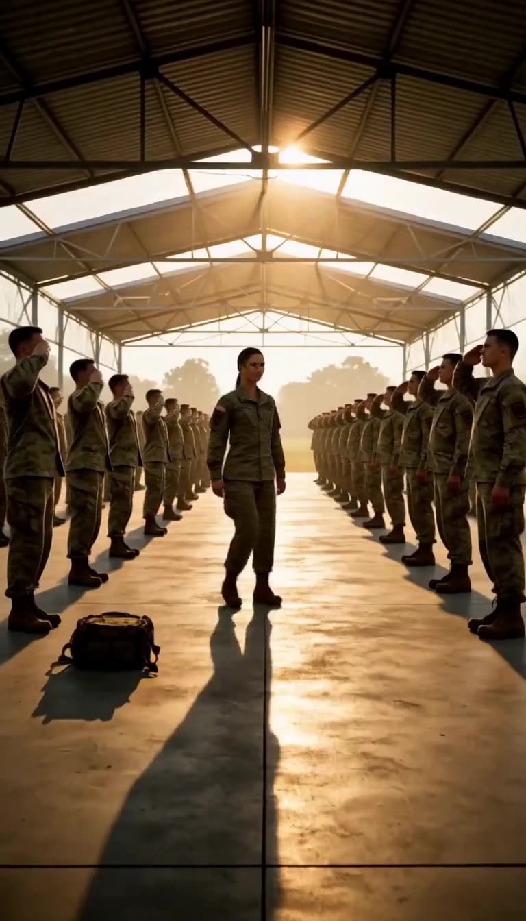 Captain Maya walking confidently between saluting soldiers