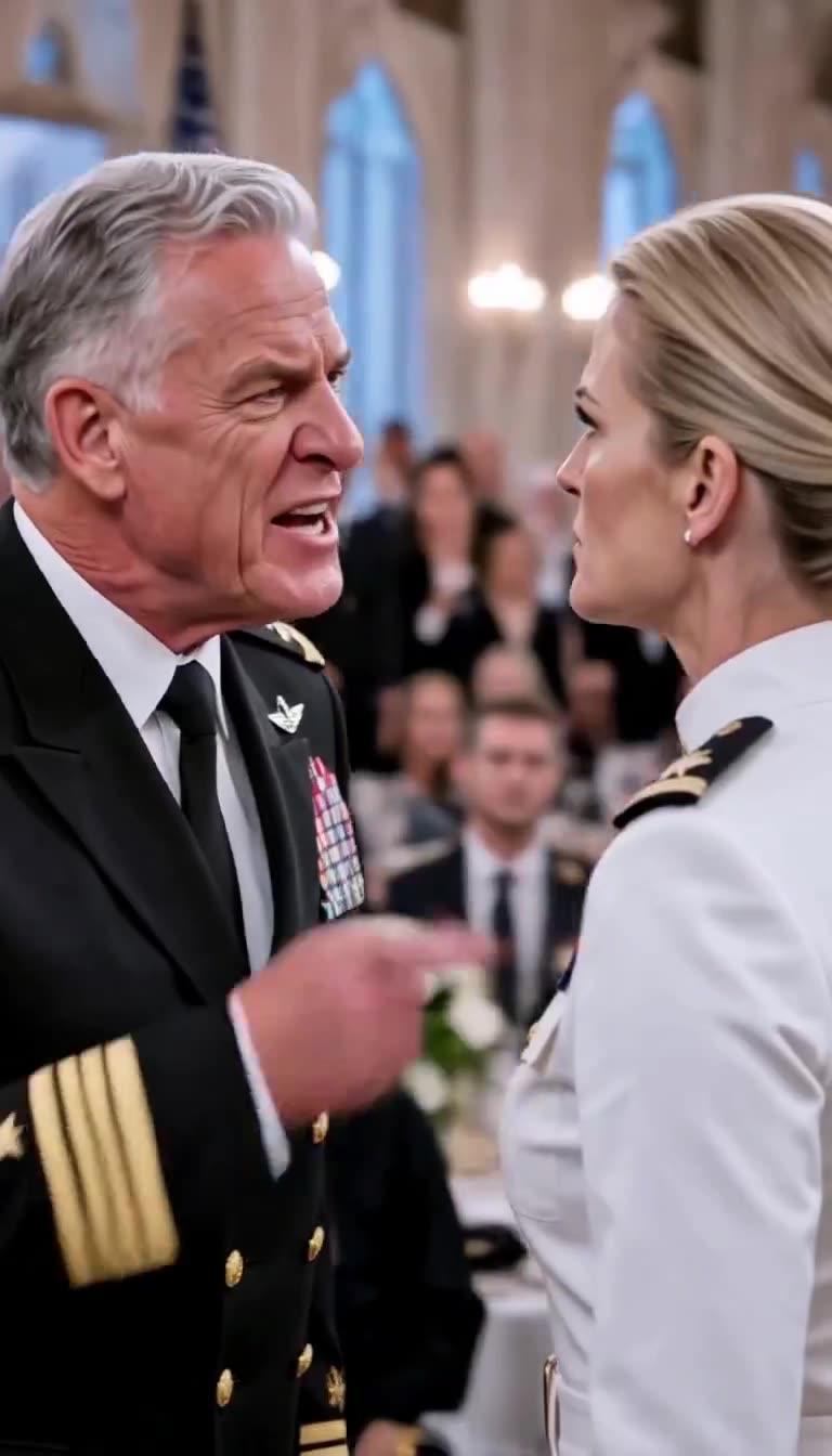 Furious colonel jabbing finger while mocking female officer