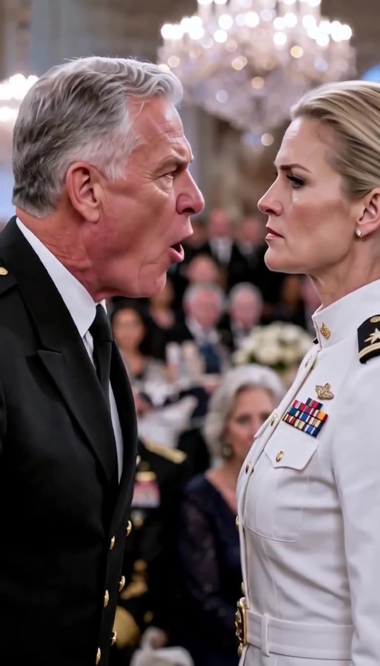 Tense nose-to-nose standoff under crystal chandeliers