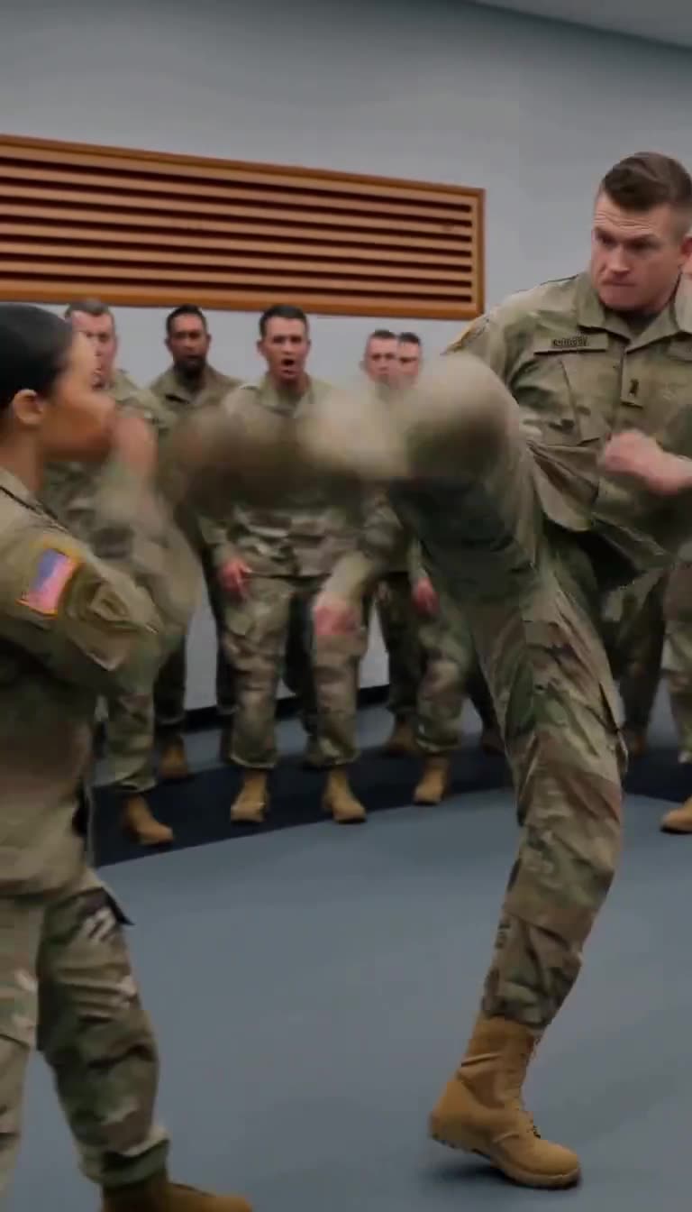 Mark launches high kick toward Maya as soldiers watch