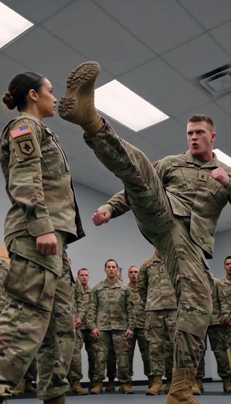 Mark's boot freezes inches from calm Maya's face
