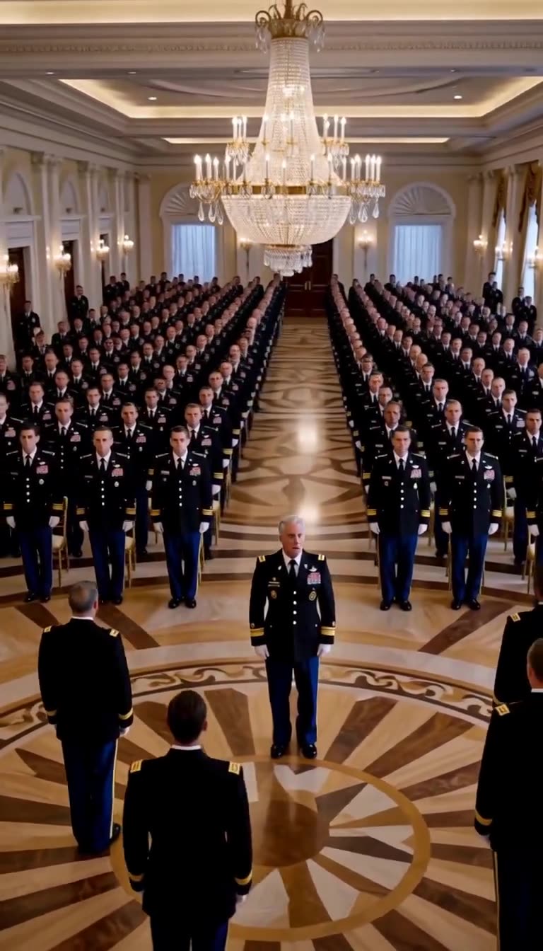 Shocked Colonel Gerald surrounded by standing officers under chandeliers