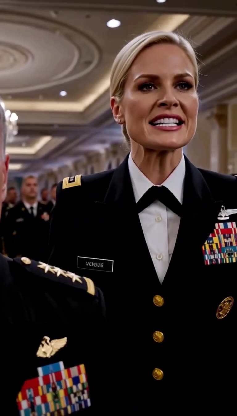 Blonde female Admiral in dress uniform delivering a commanding order
