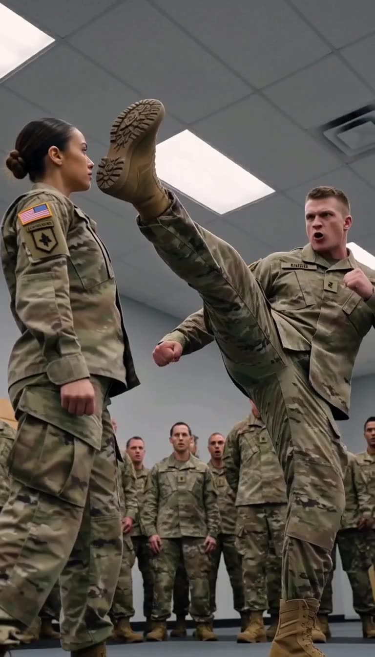 Soldier launching high kick as Ferrari stands perfectly still and unfazed