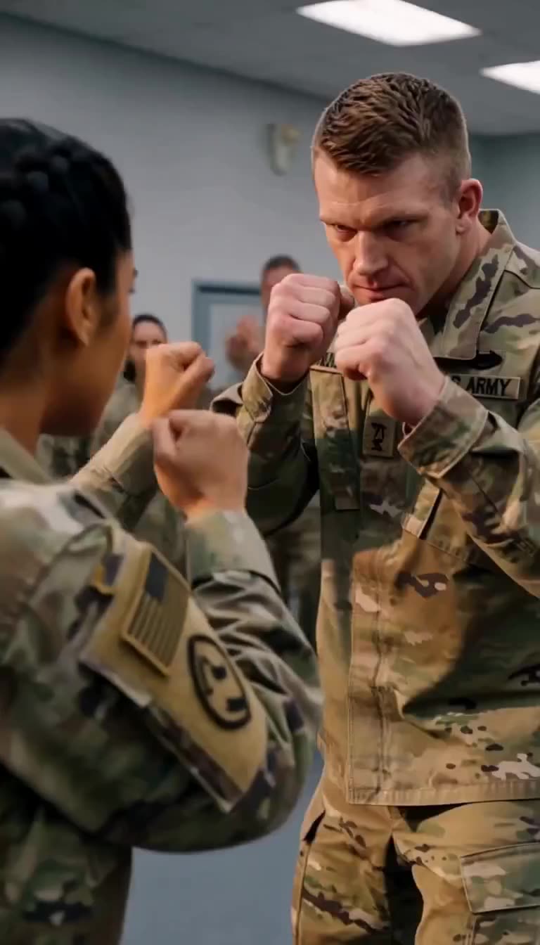 Male soldier turns serious, fists raised in intense face-off