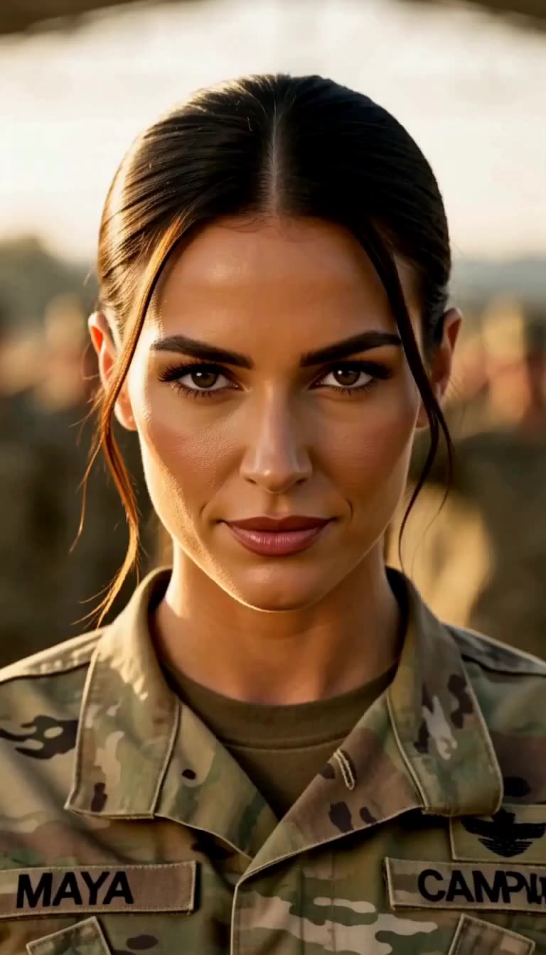 Soldier Maya in camouflage uniform with calm confident gaze