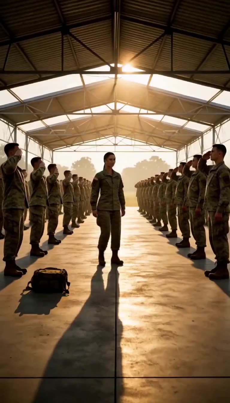 Maya walking between two lines of saluting soldiers at sunrise