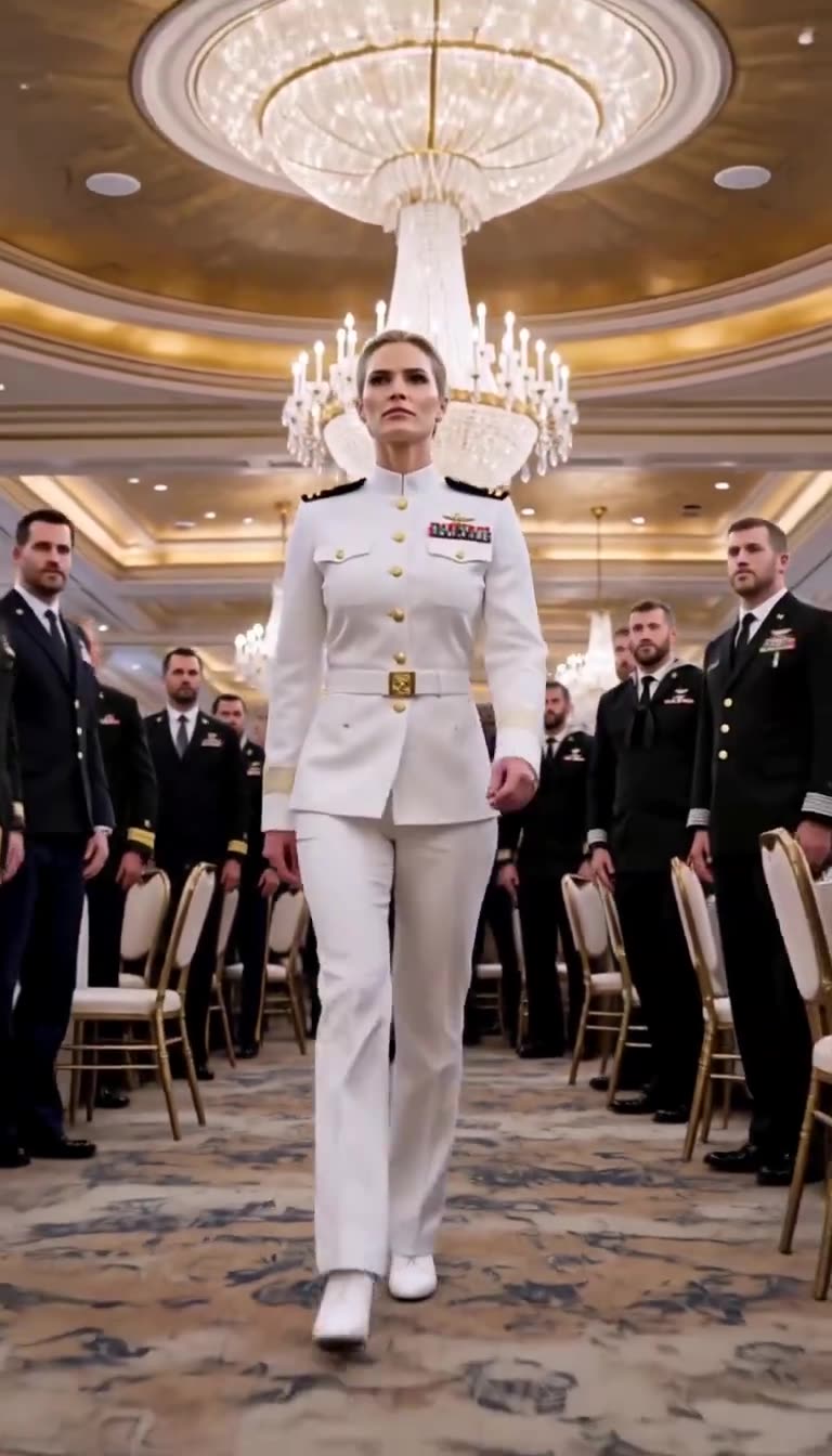 Katherine marching alone as officers stand at attention