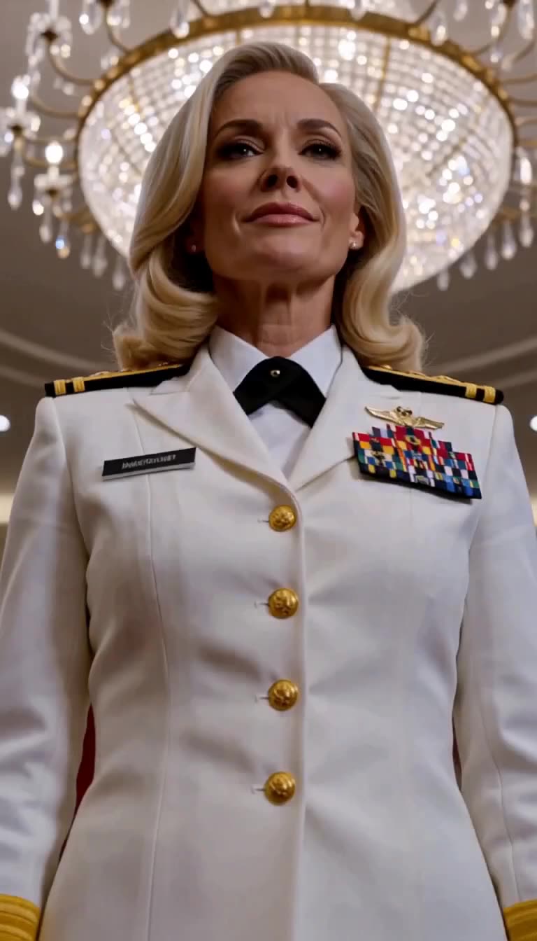 Admiral Katherine in white uniform standing confident under chandelier