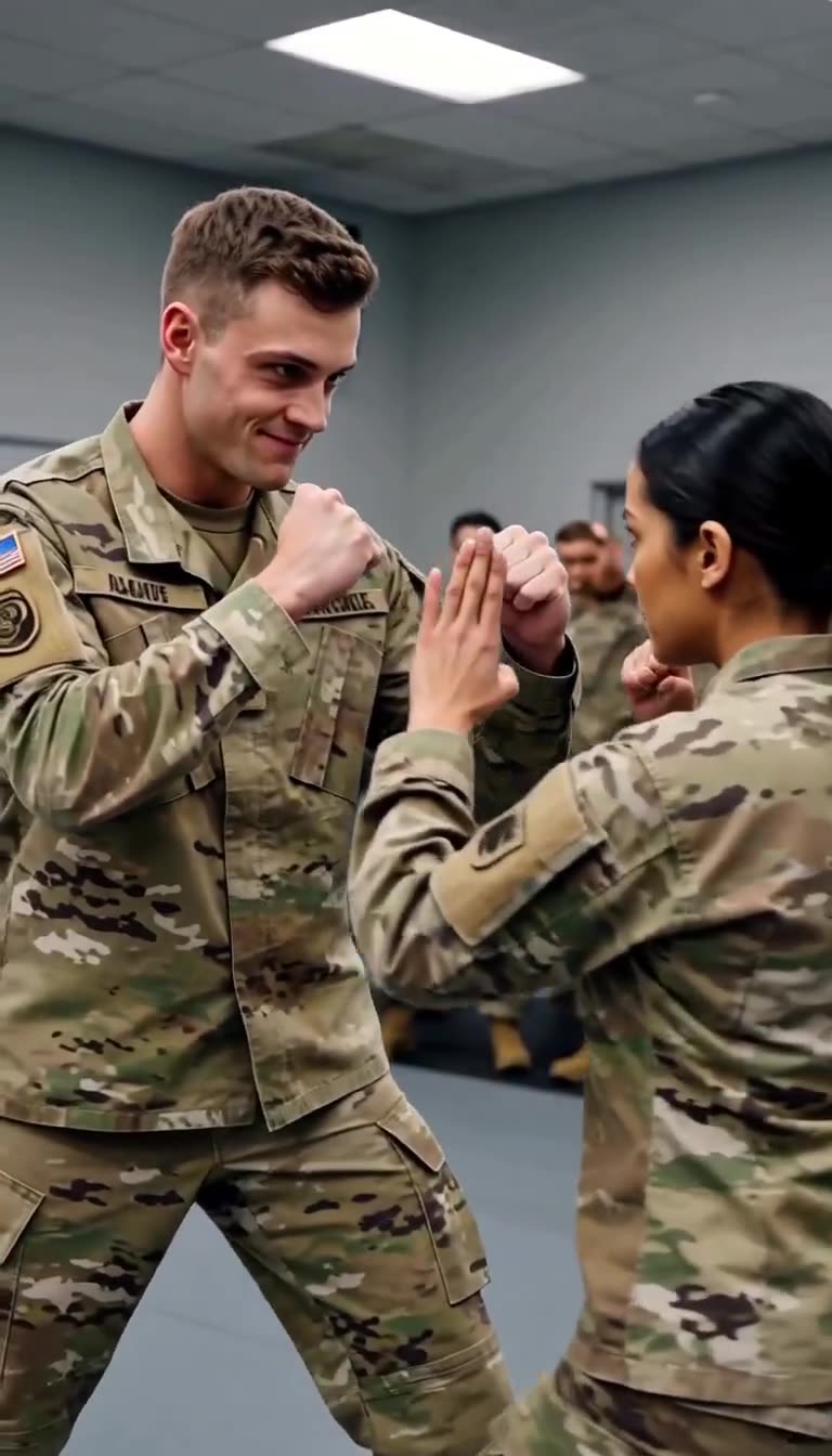 Mark smirks with fists up facing calm Officer Maya