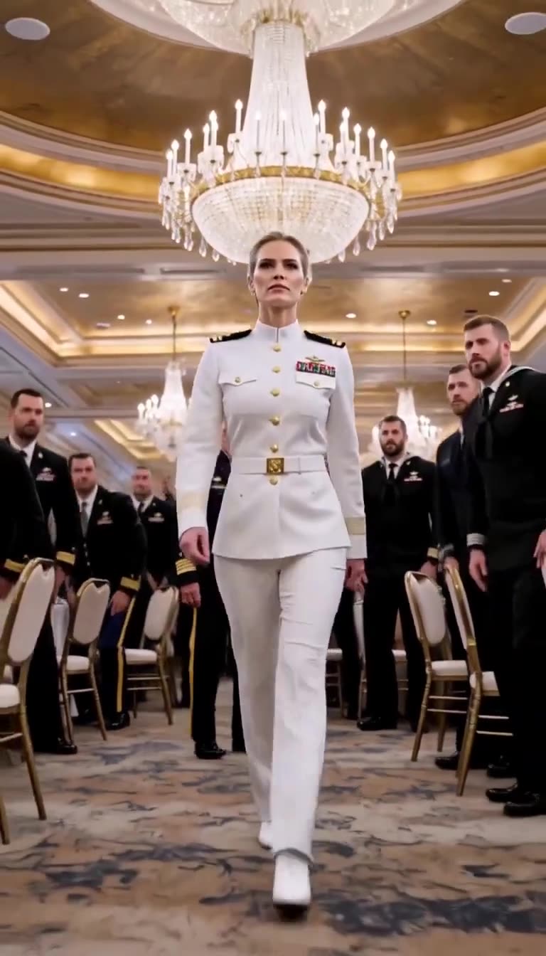 Admiral in white uniform walking alone as officers stand