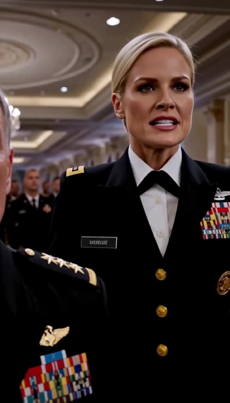 Decorated female commander stepping forward to salute her