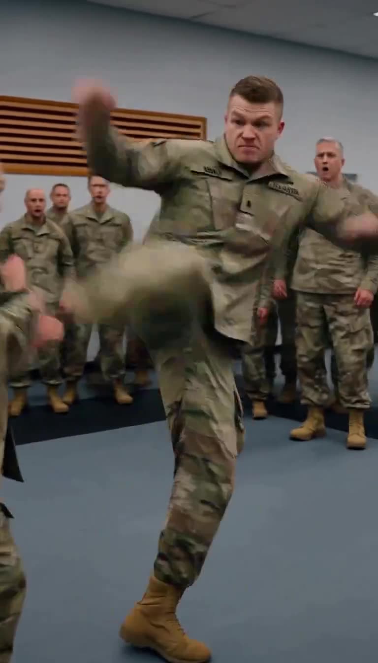 Mark pivots and launches high kick as soldiers watch in shock