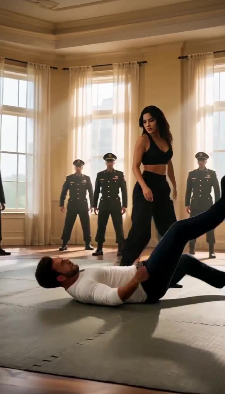 Maya sweeps Mark to the mat as soldiers watch stunned
