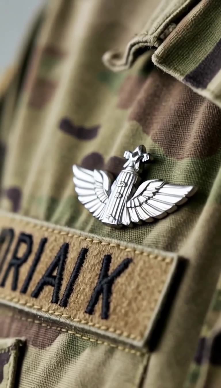 Close-up of gleaming Captain insignia on camouflage uniform