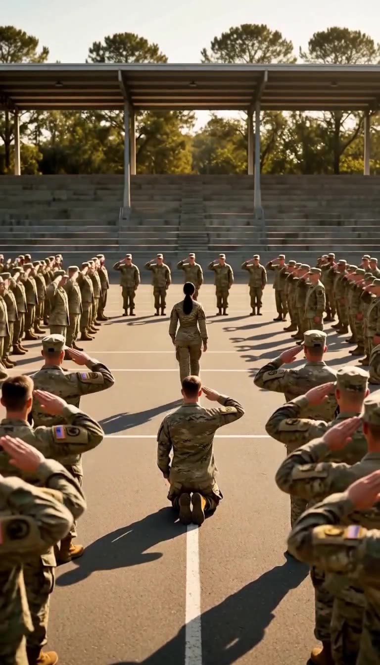 Wide view of Maya walking away as platoon salutes