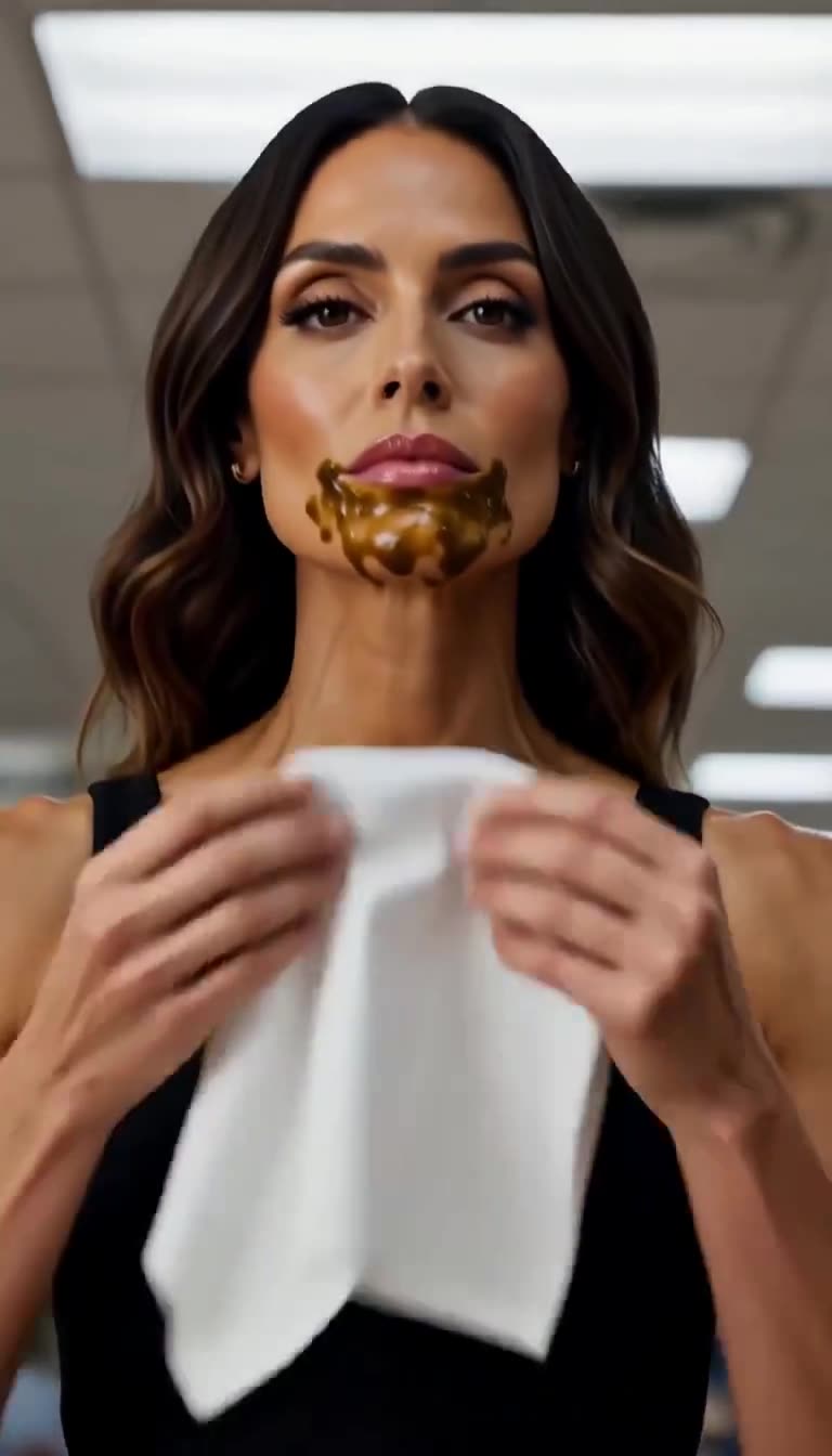 Elena standing proud holding napkin with sauce on face