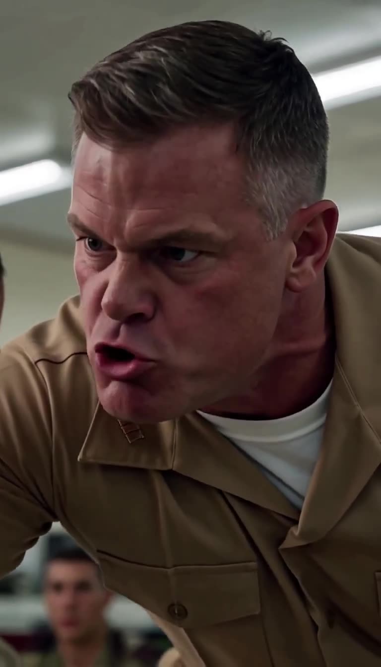 Furious major in tan uniform leaning in to threaten