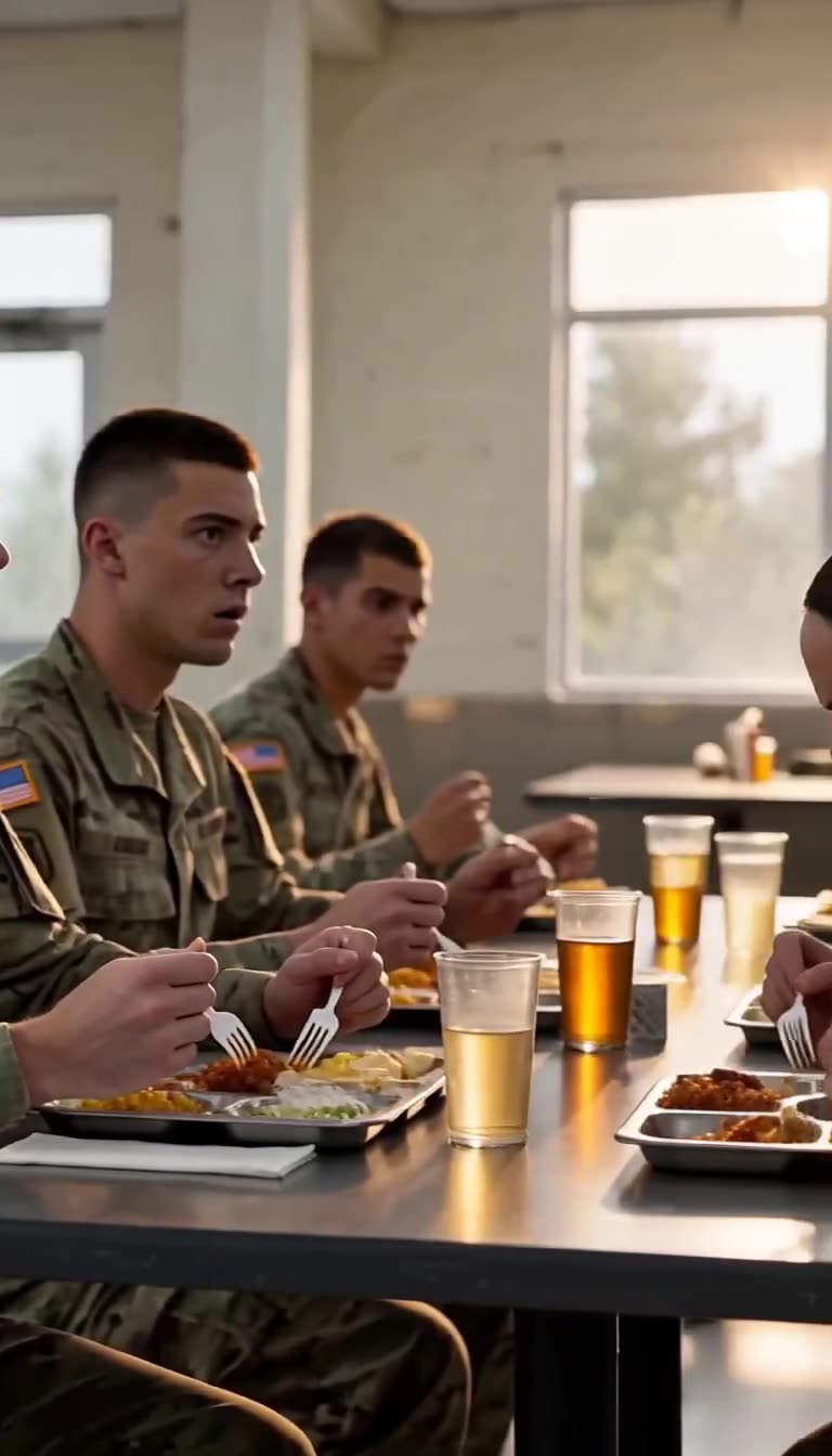Stunned young recruits frozen at canteen table