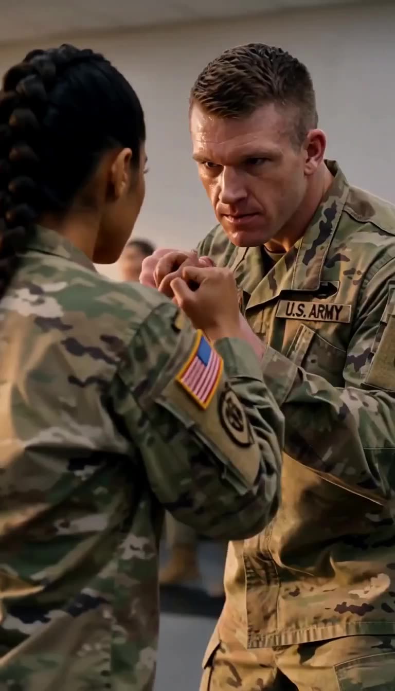 Soldiers lock up close with intense focus during sparring