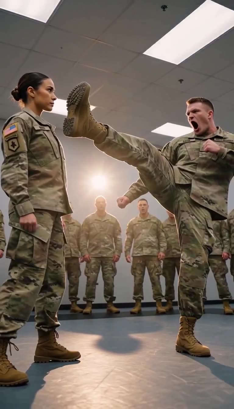 Soldier launches high kick inches from calm female soldier