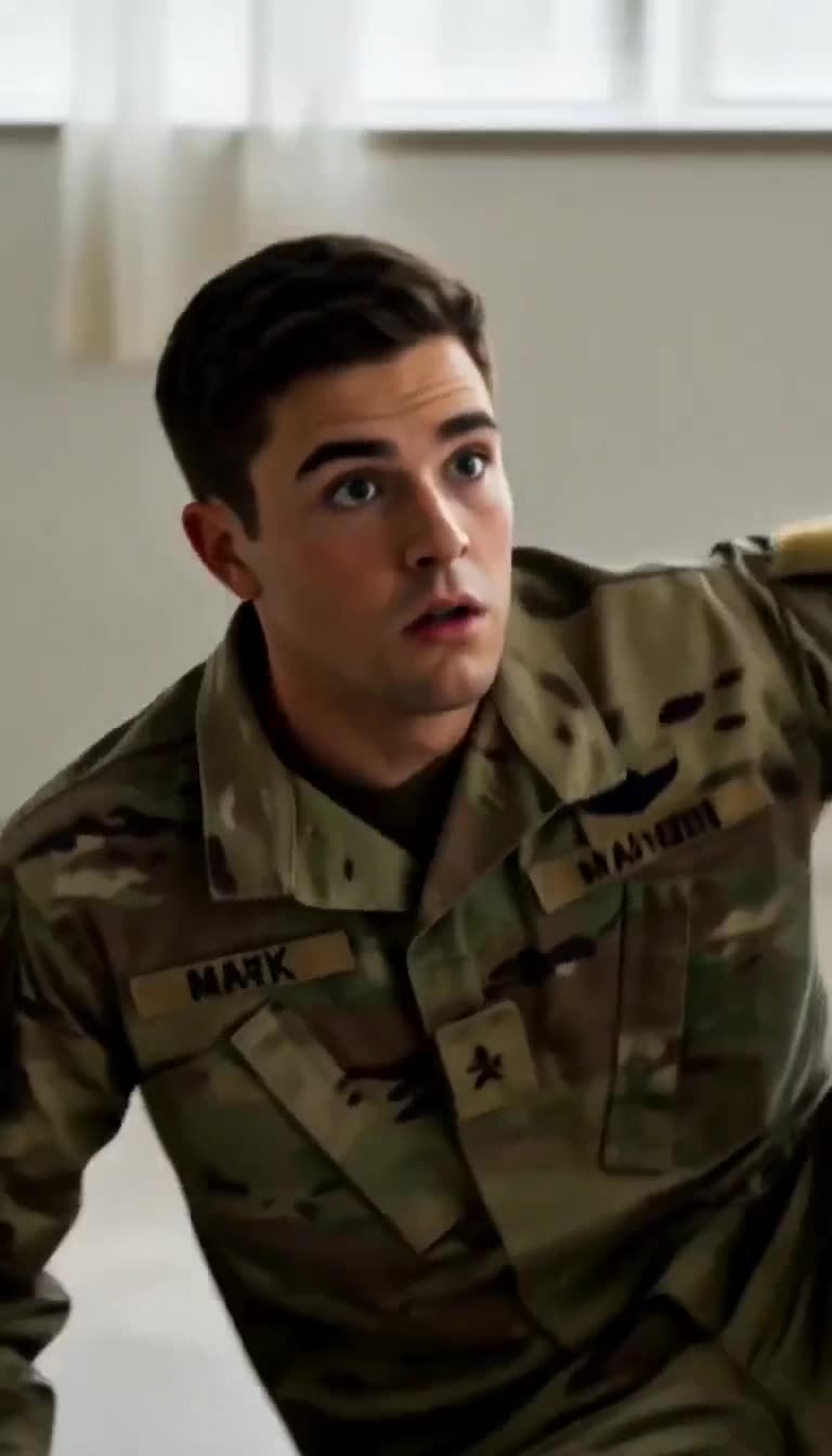 Stunned young soldier in camouflage named Mark