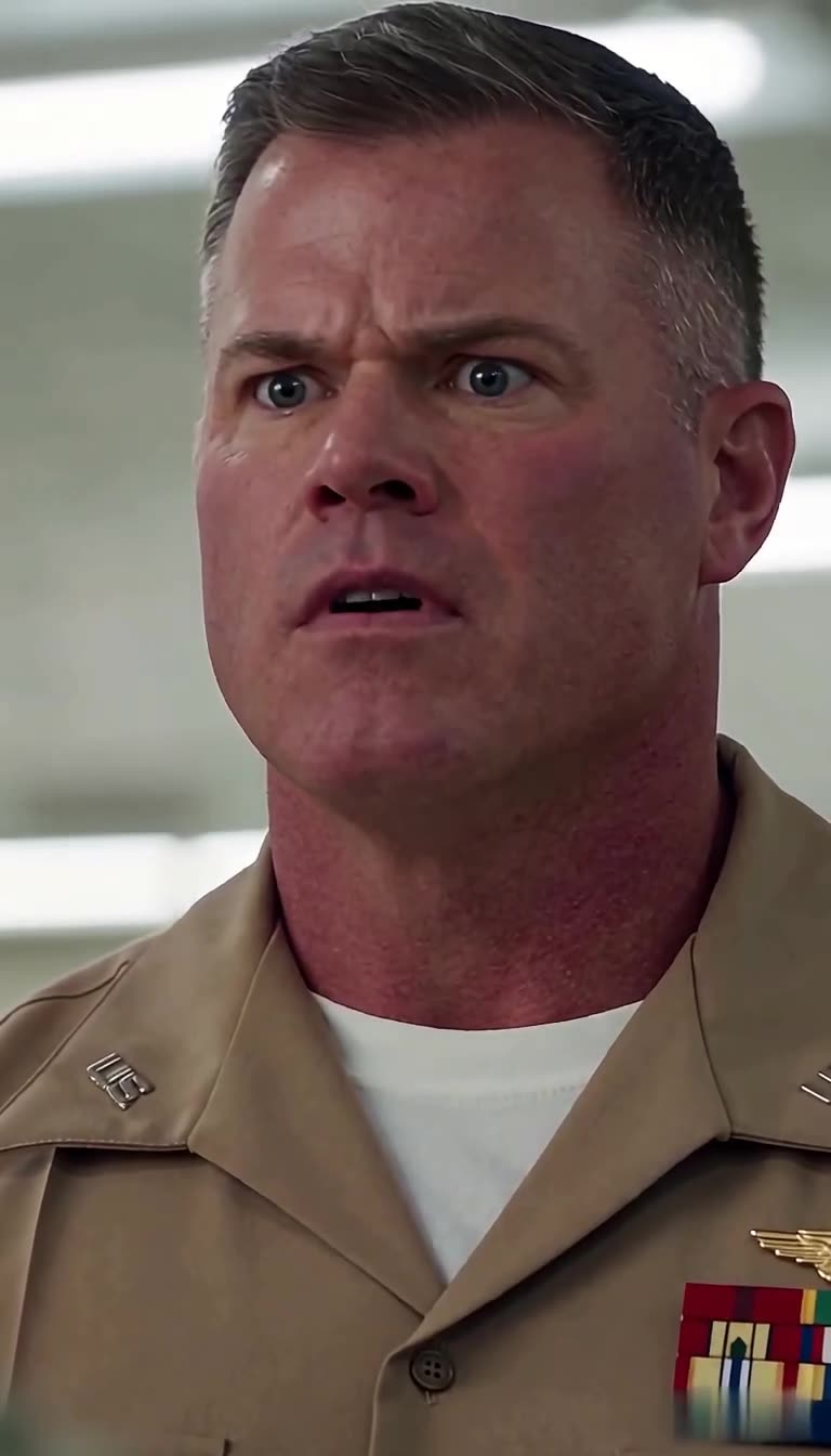 Major Sterling frozen in wide-eyed shock