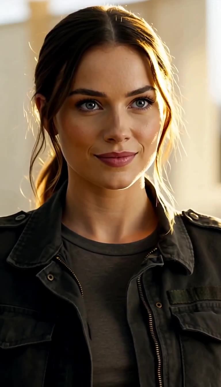 Calm Elena staring with confident smirk in golden light