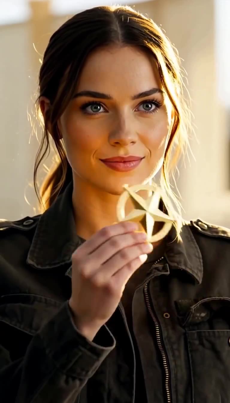 Elena holding up gleaming gold star badge