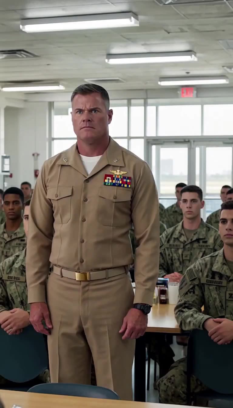 Major Sterling stands stunned in mess hall before recruits