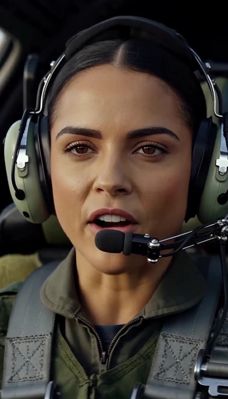 Renee in cockpit wearing headset speaking into mic