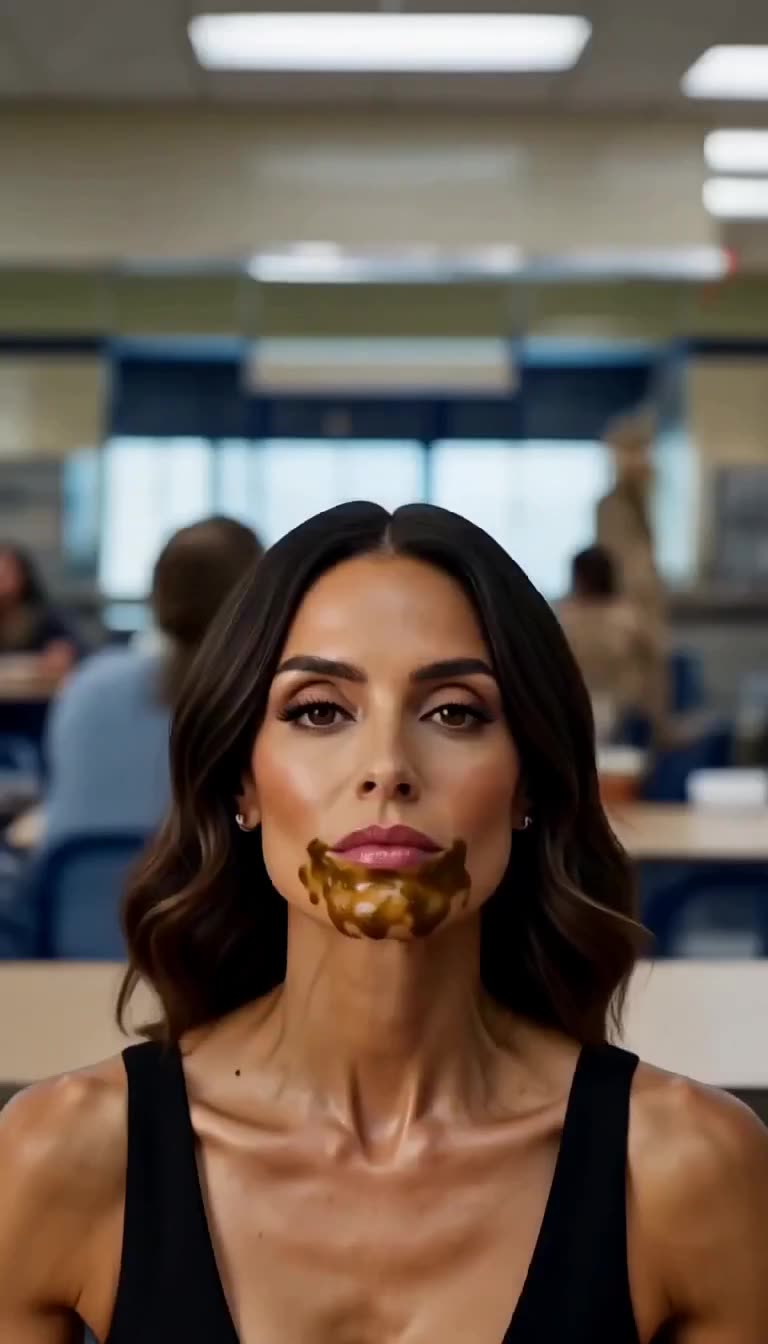 Calm woman with gravy on her chin after the slam