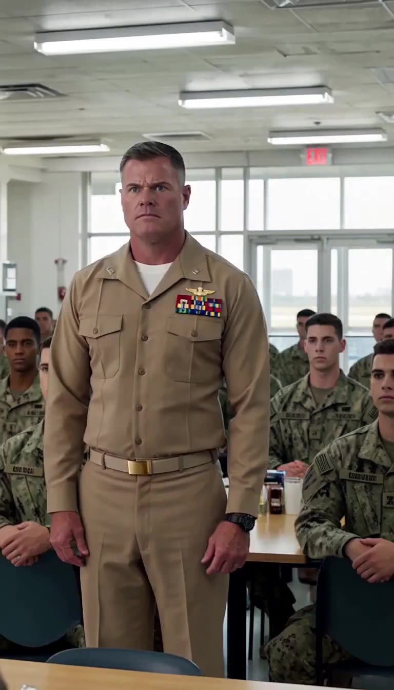 Furious uniformed major standing over soldiers in mess hall