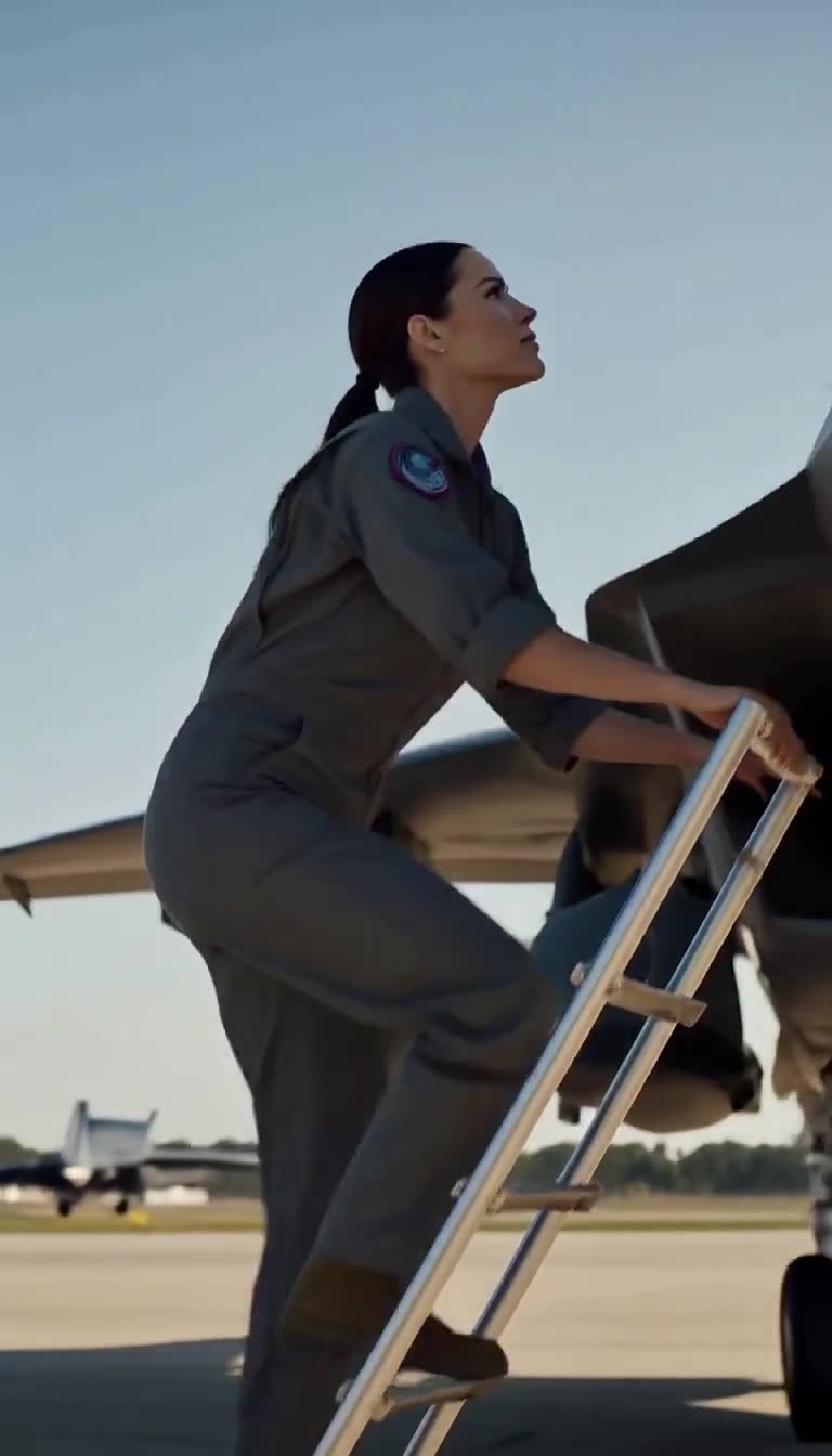 Renee climbs the jet ladder calmly on the tarmac