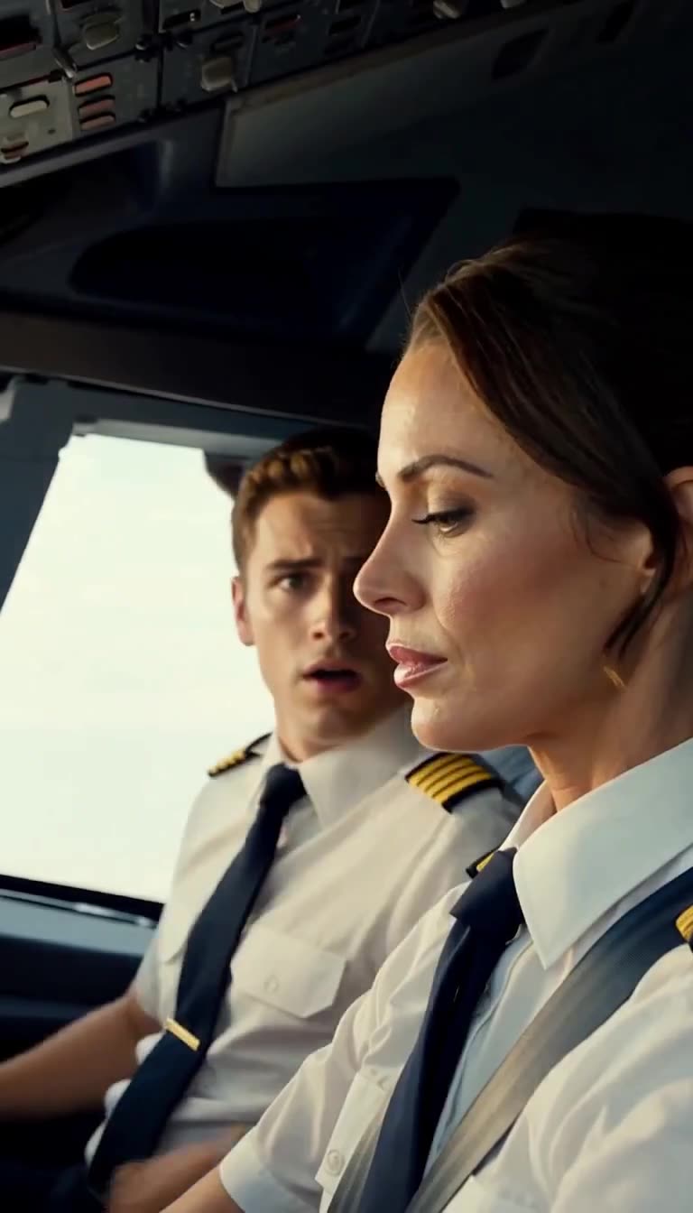 Calm female pilot in cockpit with shocked Tyler behind