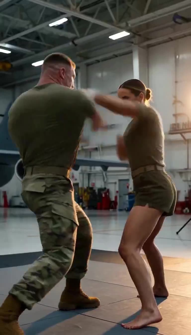 Female soldier striking as sergeant lunges in sparring clash