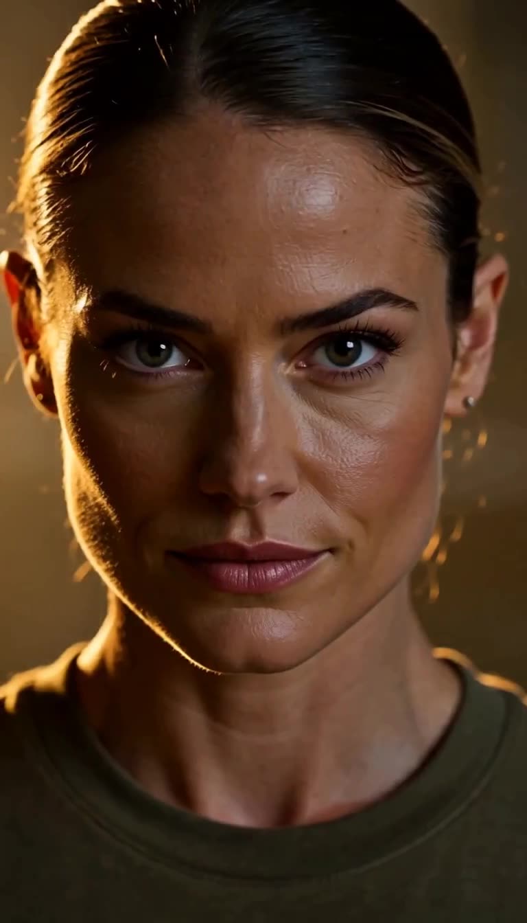 Extreme close-up of Claire's cold confident stare