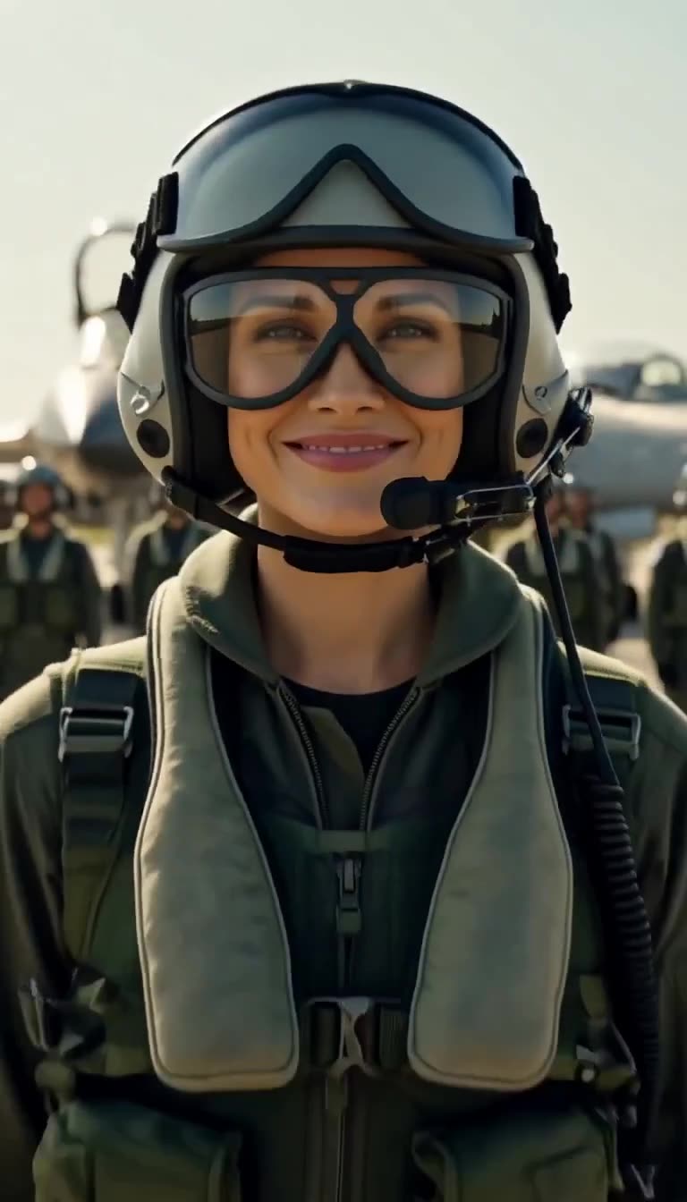Smiling female fighter pilot in helmet on sunny flight line