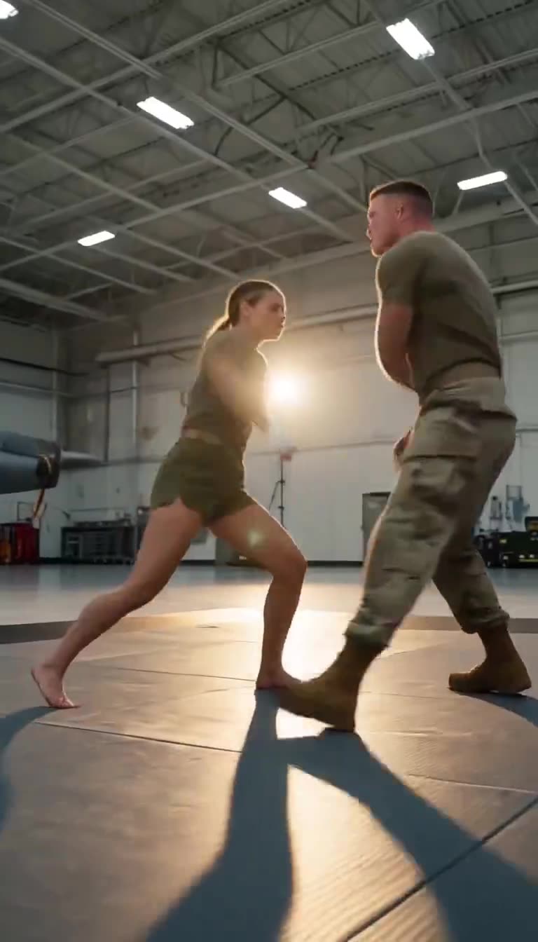 Claire and Rucker circle under bright hangar lights