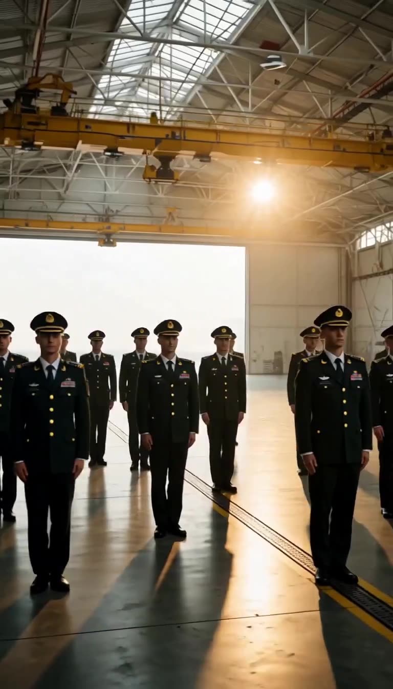 Officers standing in formation inside sunlit hangar