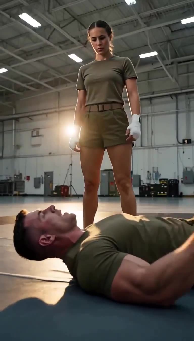 Female sergeant stands over fallen male soldier on training mat