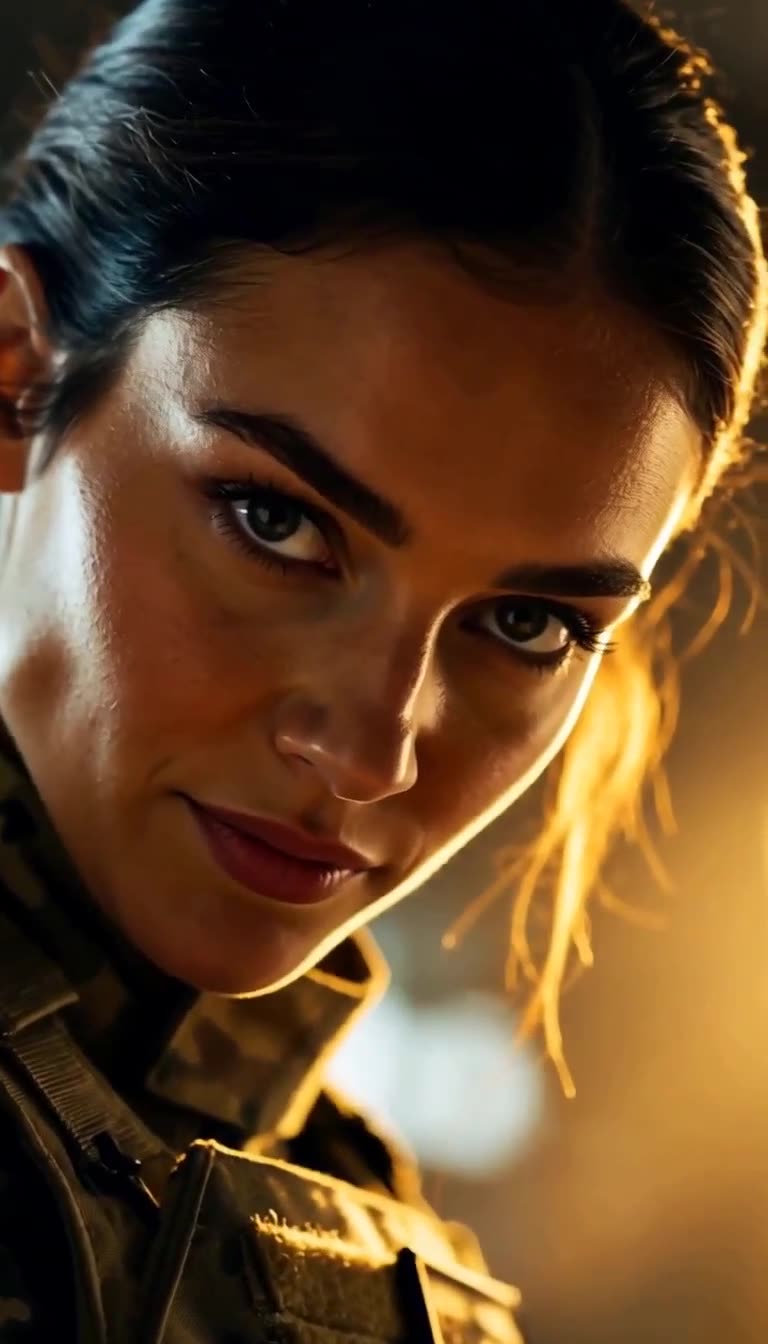 Close-up of determined Sergeant Claire Morgan under harsh light