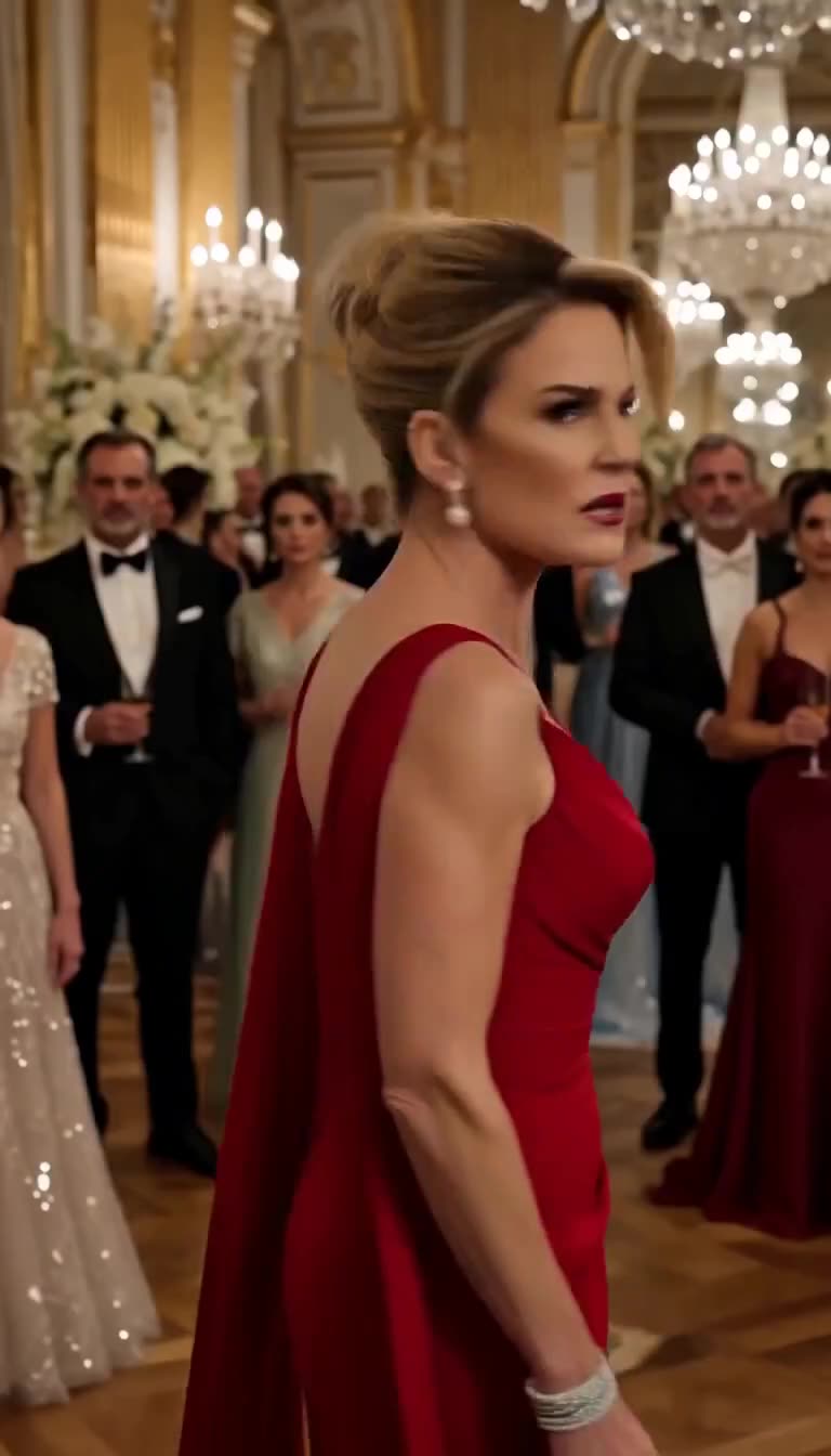 Heiress Victoria in red gown turns sharply toward the confrontation