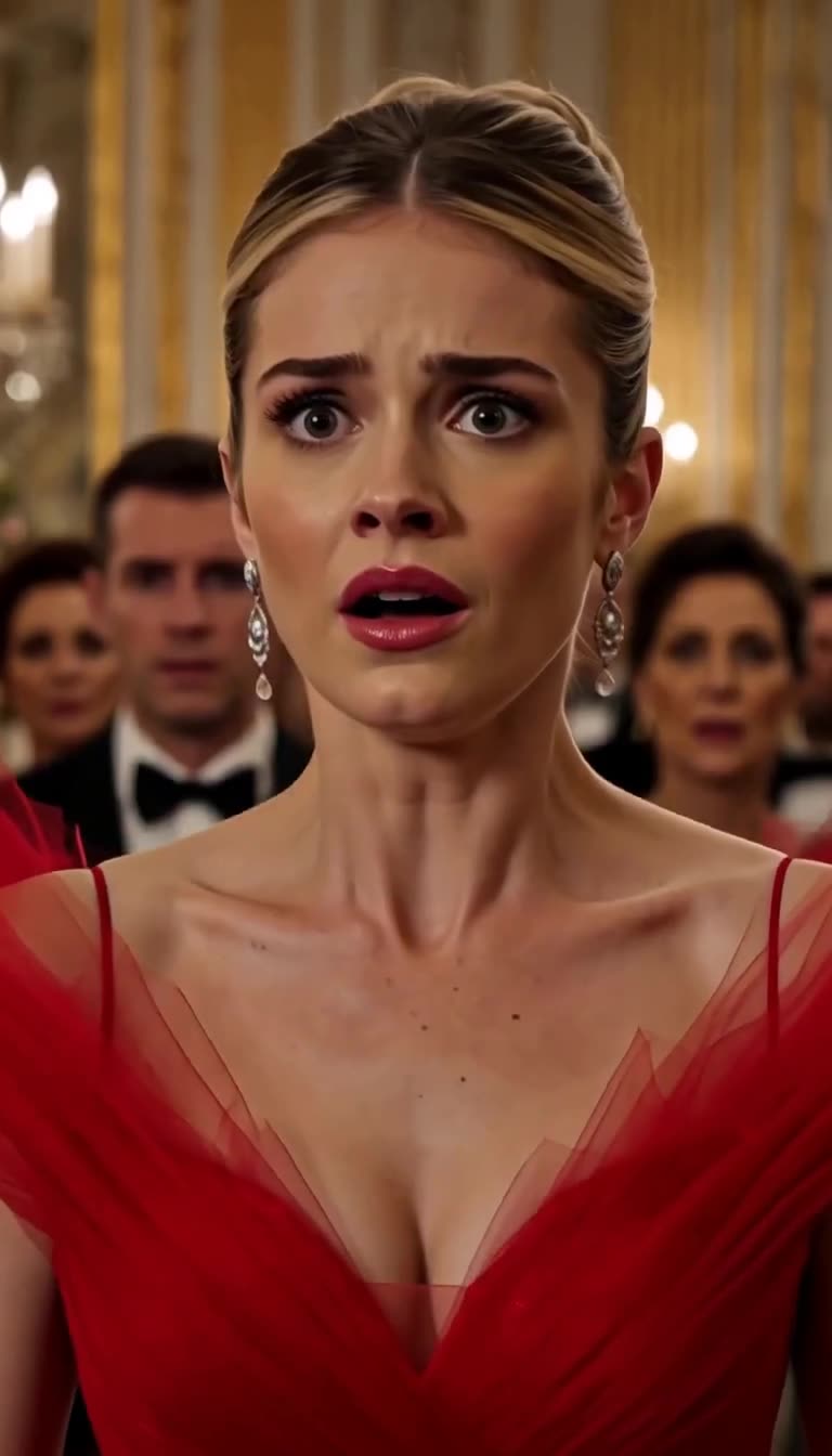 Victoria in red gown stares in shocked disbelief
