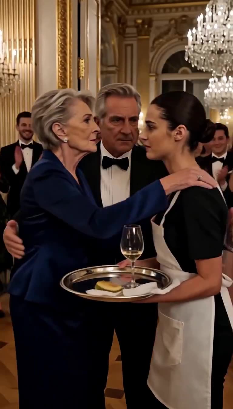 Eleanor and Charles embrace waitress Elena with tray
