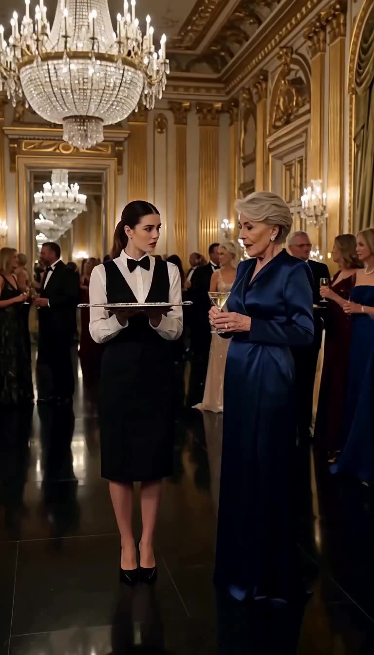 Eleanor confronts waitress Elena under the grand chandelier