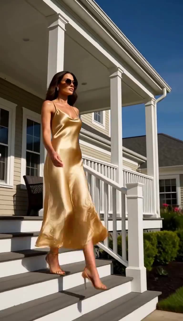 Glamorous Vanessa in gold satin dress descends white villa steps